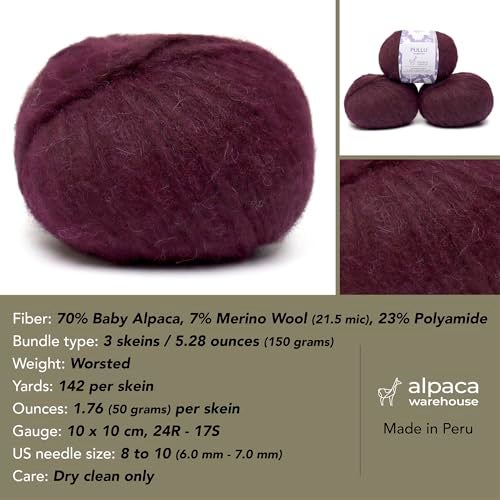 Alpaca Warehouse Pullu - Baby Alpaca Merino Wool Yarn Set of 3 Skeins (150 Grams) Worsted Weight - Sourced Directly from Peru - Heavenly Soft and Perfect for Knitting and Crocheting (Plum) - Image 3