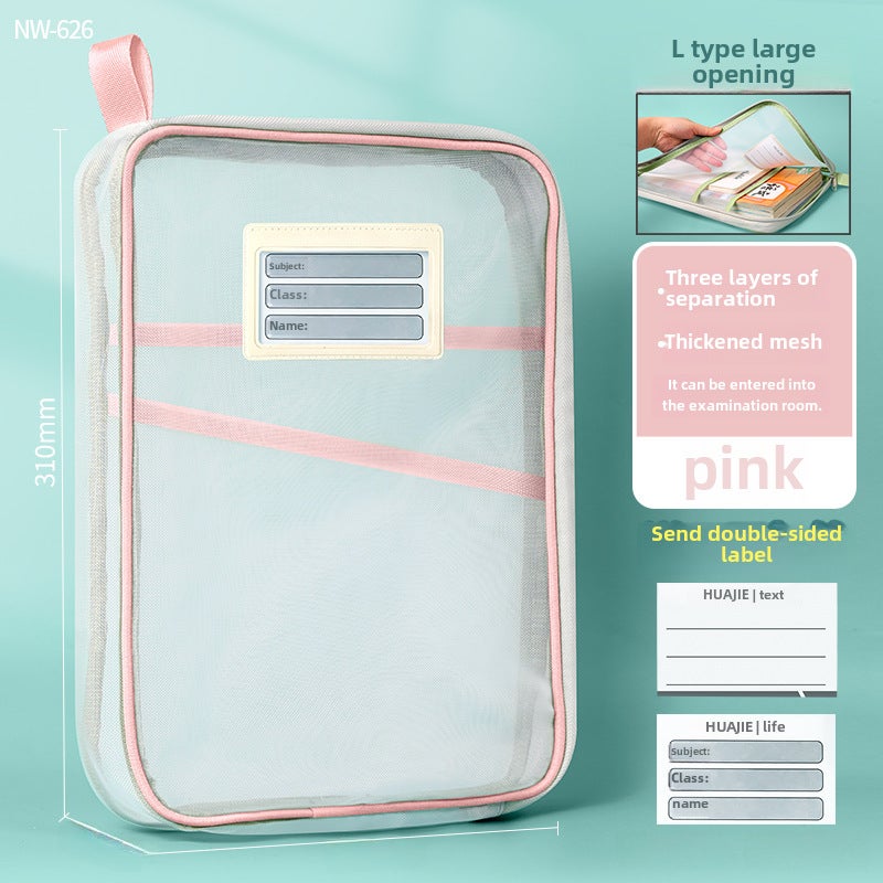 L-Shaped Mesh Document Bag Thickened Organizer Pink 