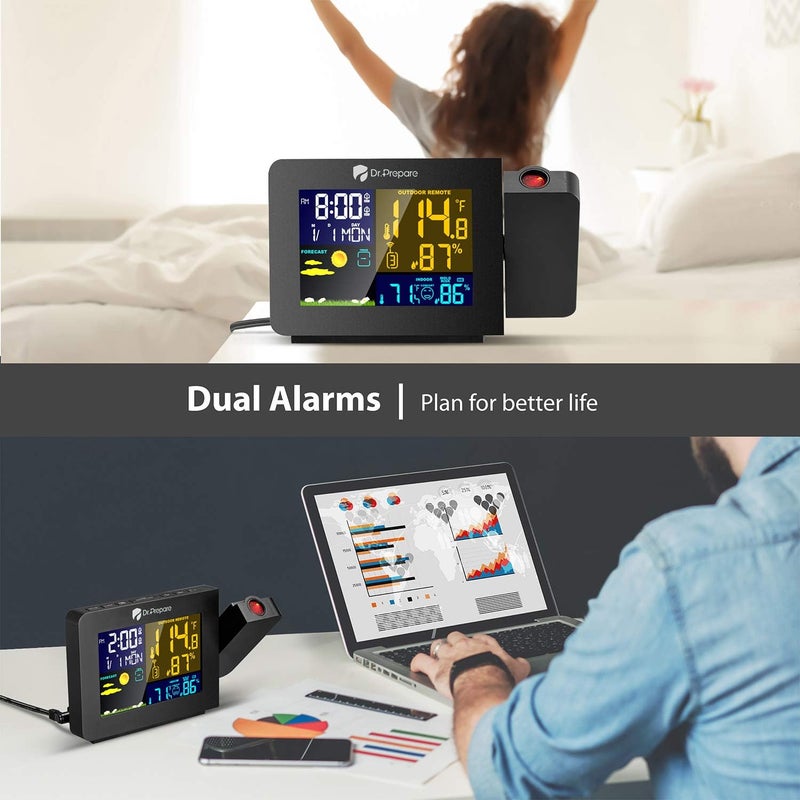 Dr. Prepare Projection Alarm Clock, Indoor Outdoor Temperature Display, Dual Alarms, Snooze, Weather Forecast, Digital Clock Projector for Bedroom - Image 5