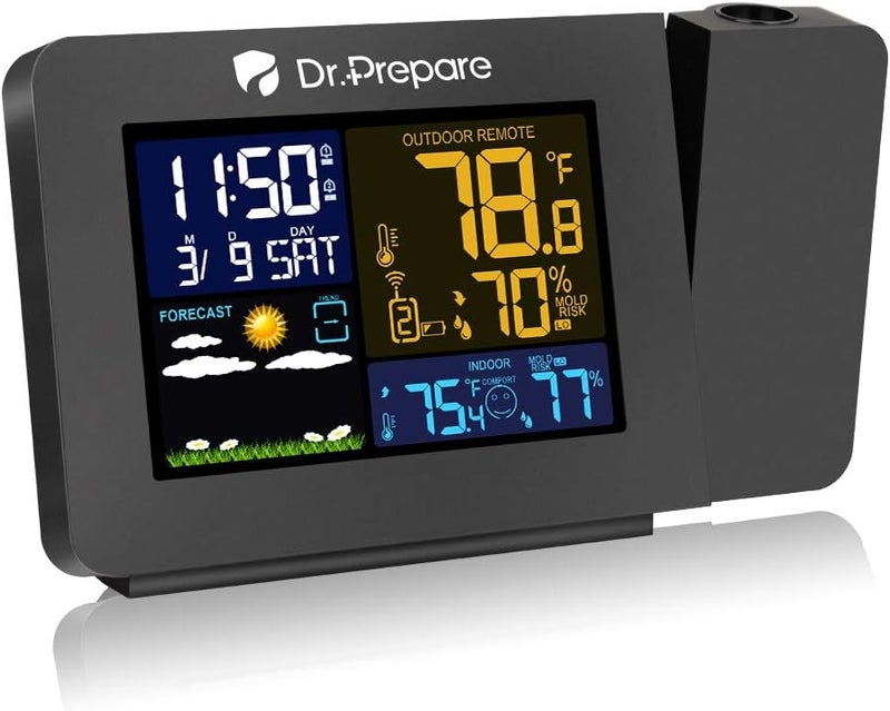 Dr. Prepare Projection Alarm Clock, Indoor Outdoor Temperature Display, Dual Alarms, Snooze, Weather Forecast, Digital Clock Projector for Bedroom - Image 1
