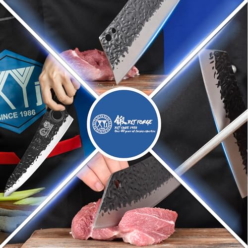 XYJ Professional Kitchen Knife Set with High-Carbon Steel Forged Blades, Chef's Knife, Cleaver, Carving Knife, Nakiri, Full Tang Design, Includes Carrying Bag & Poultry Scissors - Image 4