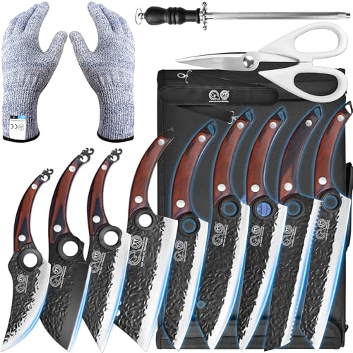 XYJ Professional Kitchen Knife Set with High-Carbon Steel Forged Blades, Chef's Knife, Cleaver, Carving Knife, Nakiri, Full Tang Design, Includes Carrying Bag & Poultry Scissors - Image 1