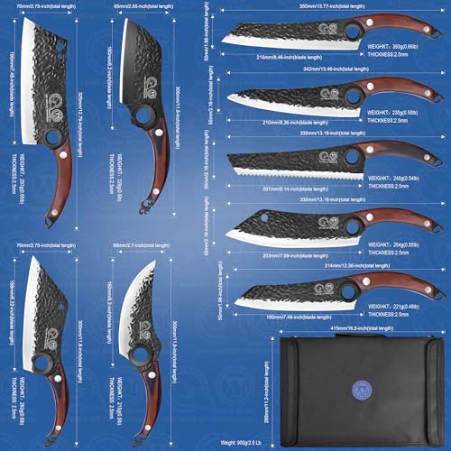 XYJ Professional Kitchen Knife Set with High-Carbon Steel Forged Blades, Chef's Knife, Cleaver, Carving Knife, Nakiri, Full Tang Design, Includes Carrying Bag & Poultry Scissors - Image 2