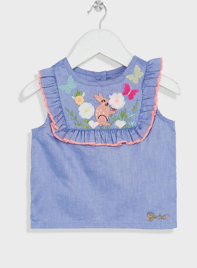 Nautinati Nauti Nati Girls Embroidered Ruffled A-Line Pure Cotton Top With Shorts