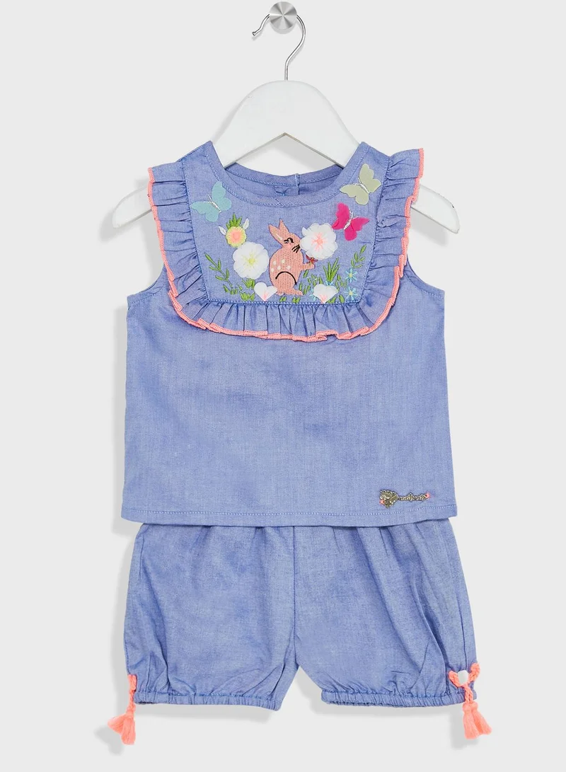 Nautinati Nauti Nati Girls Embroidered Ruffled A-Line Pure Cotton Top With Shorts