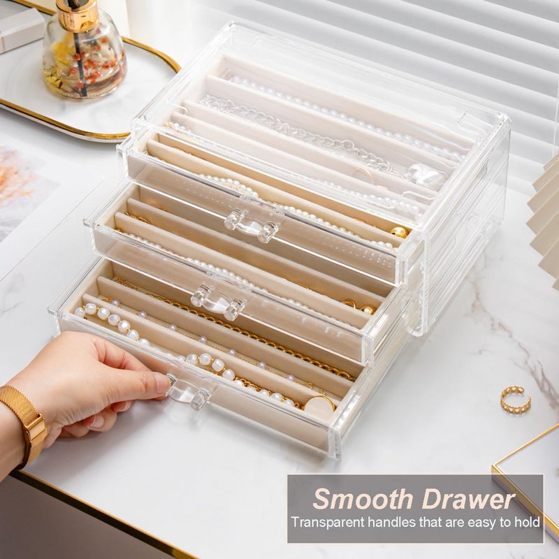 YUFONG Necklace Holder Organizer, Dustproof Necklace Box Velvet Necklace Organizer Box with Lid Clear Acrylic Dustproof Stackable Jewelry Displays for Necklaces Chain Display (Beige, 3 Drawer) - Image 4