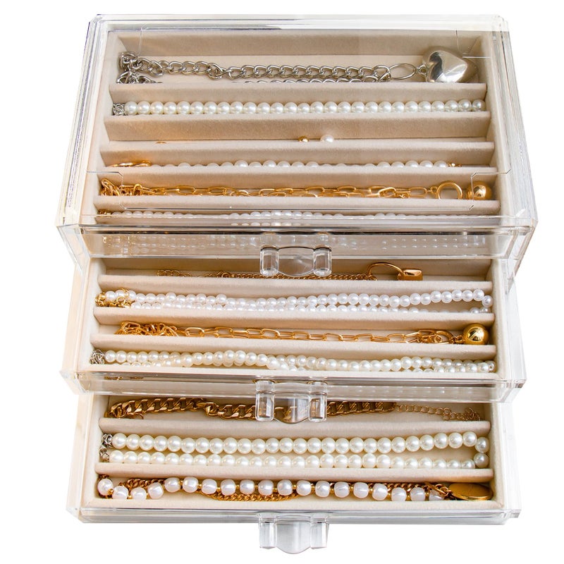 YUFONG Necklace Holder Organizer, Dustproof Necklace Box Velvet Necklace Organizer Box with Lid Clear Acrylic Dustproof Stackable Jewelry Displays for Necklaces Chain Display (Beige, 3 Drawer) - Image 1