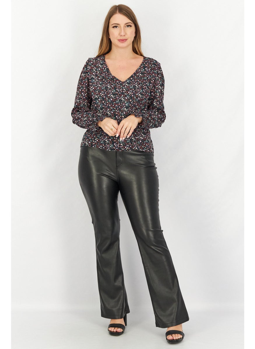 Naf Naf Women V Neck Long Sleeve Floral Print Tops, Black Combo  - Image 4
