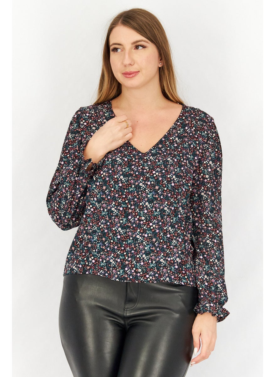 Naf Naf Women V Neck Long Sleeve Floral Print Tops, Black Combo  - Image 1