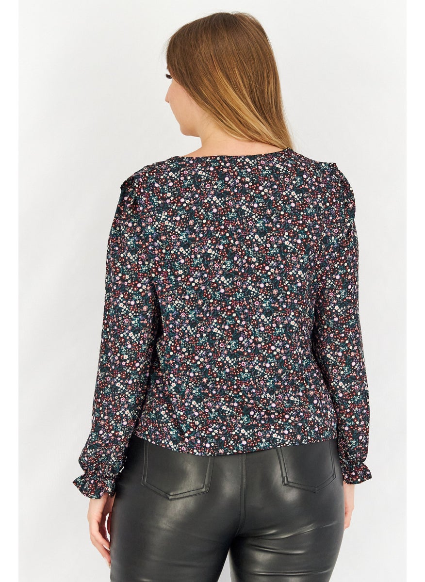 Naf Naf Women V Neck Long Sleeve Floral Print Tops, Black Combo  - Image 2