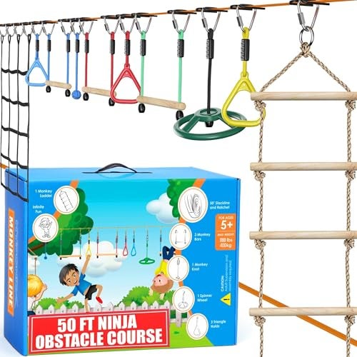 Hyponix Sporting Hyponix Ninja Warrior Obstacle Course for Kids  2 x 50 ft Slackline with 10 Outdoor Ninja Obstacles Supports 880lbs  Monkey Net RatchetTight Tech Climbing Swinging  Balance Training Ages 3 - Image 1