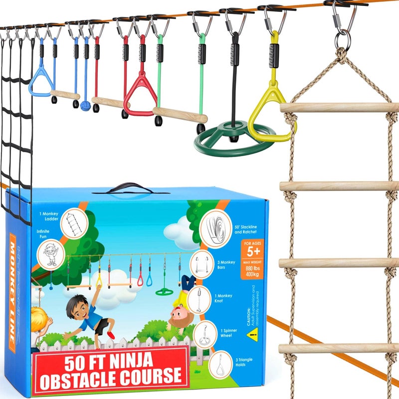 Hyponix Sporting Hyponix Ninja Warrior Obstacle Course for Kids  2 x 50 ft Slackline with 10 Outdoor Ninja Obstacles Supports 880lbs  Monkey Net RatchetTight Tech Climbing Swinging  Balance Training Ages 3 - Image 2