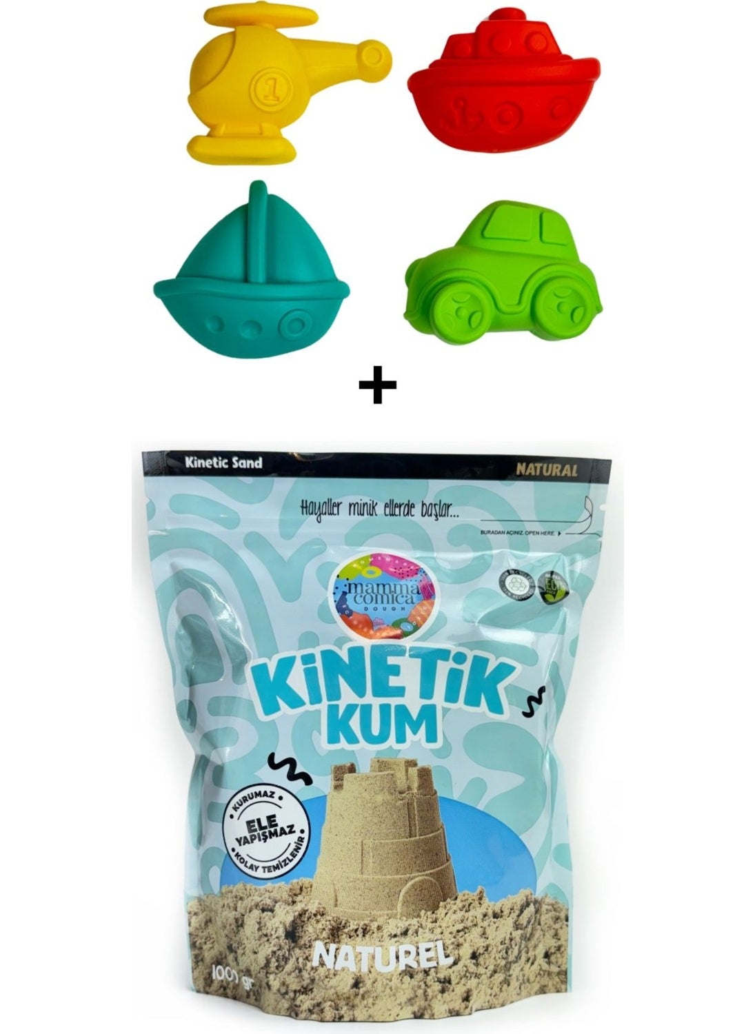 Mammacomica Dough - 1000GR Natural Kinetic Sand + Vehicles Set - Image 1