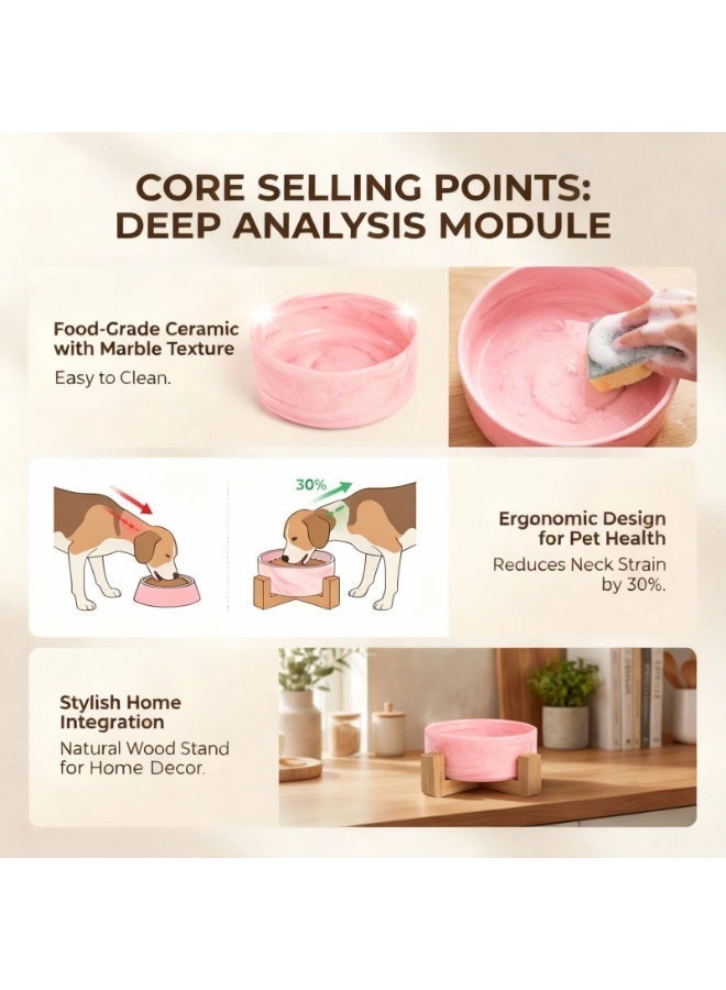 EPET Elevated Marble Pattern Ceramic Pet Bowl with Wood Stand, Double Bowl (Pink, Medium) - Image 3