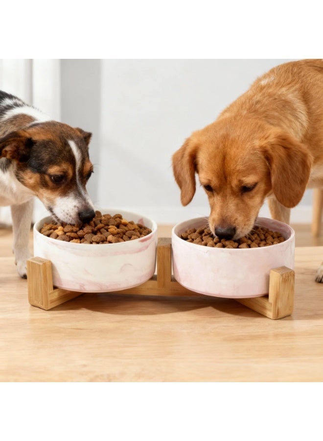 EPET Elevated Marble Pattern Ceramic Pet Bowl with Wood Stand, Double Bowl (Pink, Medium) - Image 5