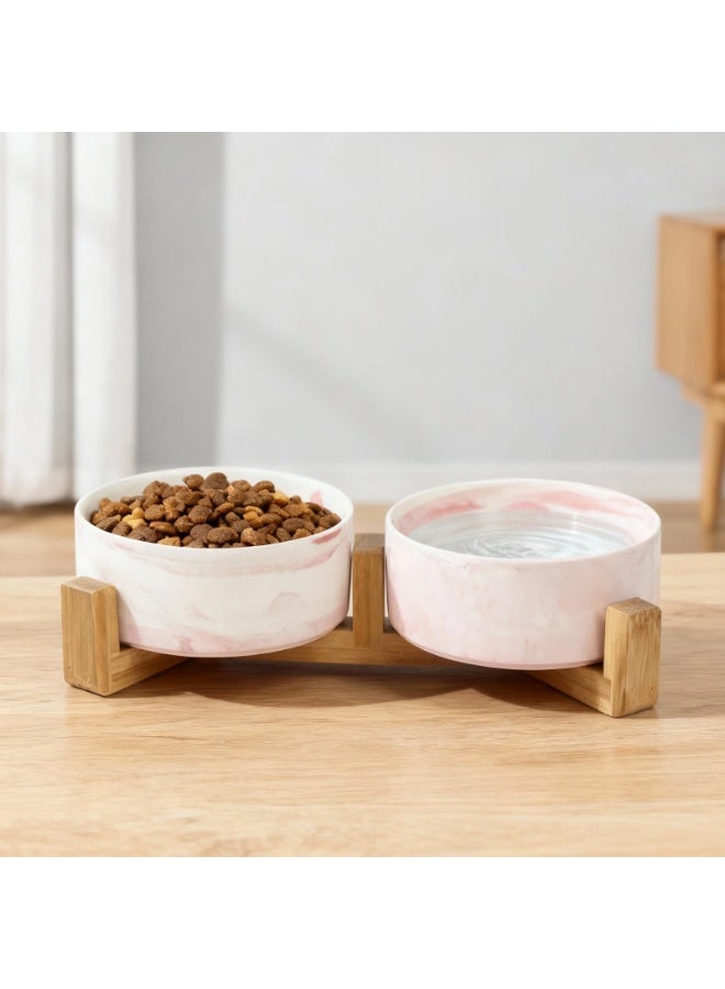 EPET Elevated Marble Pattern Ceramic Pet Bowl with Wood Stand, Double Bowl (Pink, Medium) - Image 4