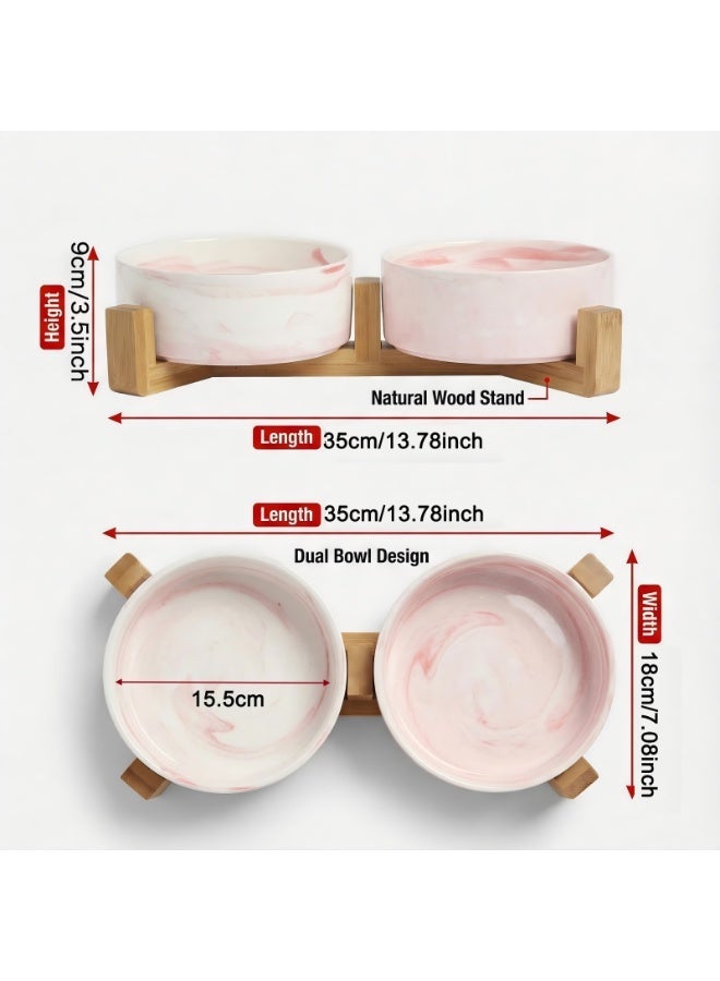 EPET Elevated Marble Pattern Ceramic Pet Bowl with Wood Stand, Double Bowl (Pink, Medium) - Image 2