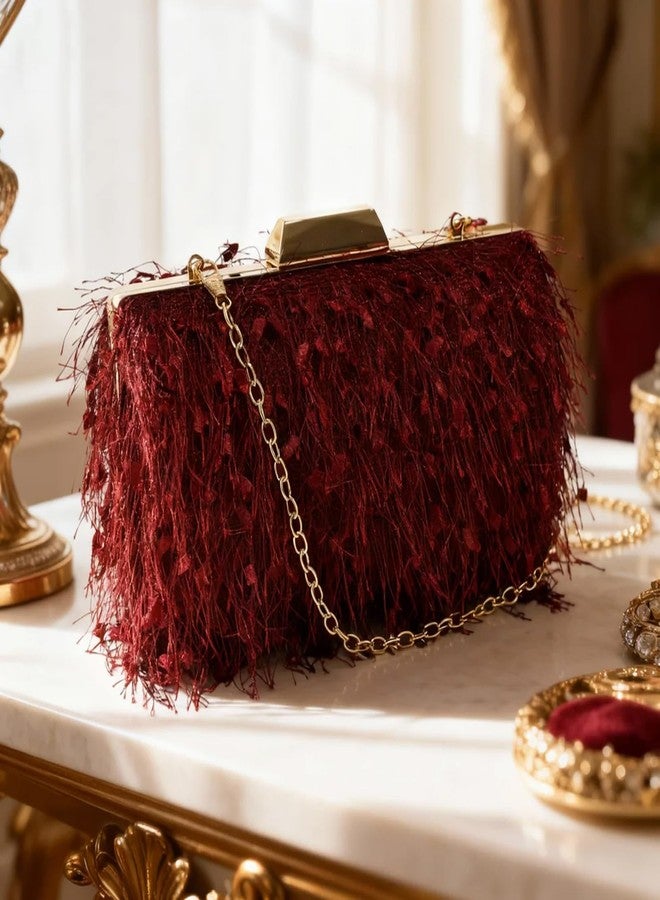 MAOFENG Women Tassels Tote Bag Fluffy Vintage Clutch Shoulder Crossbody Bag Evening Handbag for Meeting Party Dance Wedding,Wine Red - Image 2