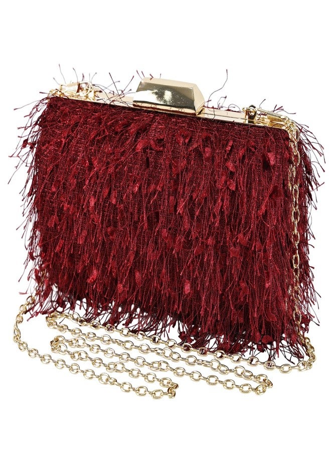 MAOFENG Women Tassels Tote Bag Fluffy Vintage Clutch Shoulder Crossbody Bag Evening Handbag for Meeting Party Dance Wedding,Wine Red - Image 1