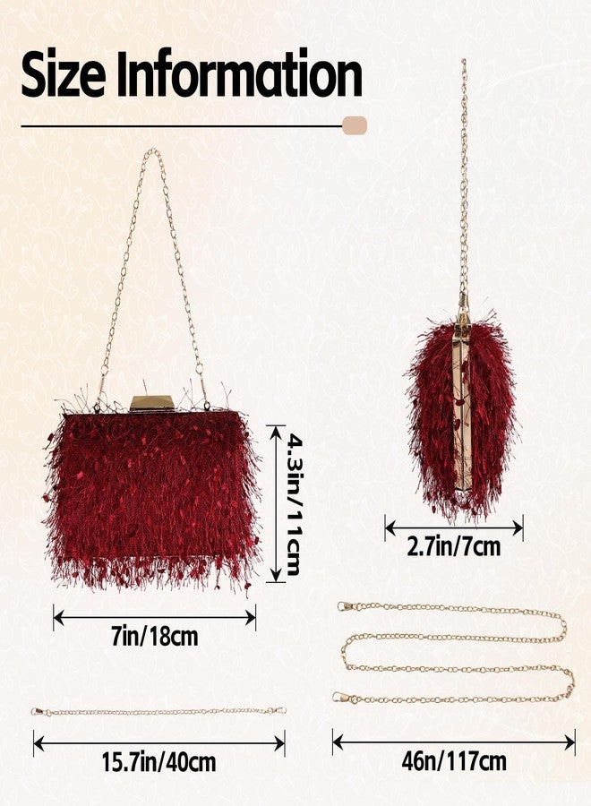 MAOFENG Women Tassels Tote Bag Fluffy Vintage Clutch Shoulder Crossbody Bag Evening Handbag for Meeting Party Dance Wedding,Wine Red - Image 4