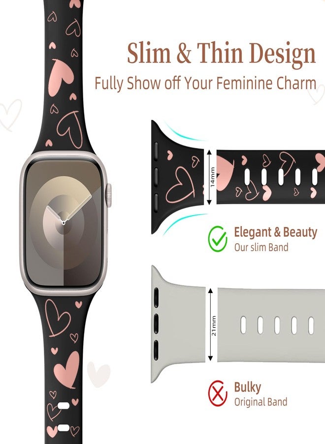 Lerobo Slim Thin Two-Tone Band Compatible with Apple Watch Bands 46mm 44mm 45mm 42mm 49mm Women,Cute Heart Engraved Soft Silicone Sport Strap for iWatch Bands Series 10 9 8 7 6 5 4 3 2 1 SE,Black/Pink - Image 3