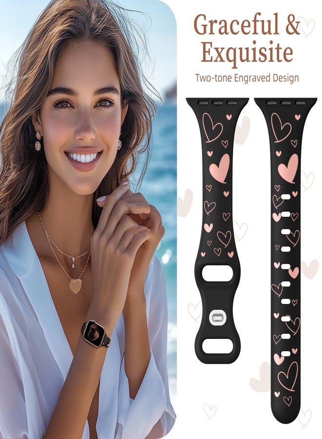 Lerobo Slim Thin Two-Tone Band Compatible with Apple Watch Bands 46mm 44mm 45mm 42mm 49mm Women,Cute Heart Engraved Soft Silicone Sport Strap for iWatch Bands Series 10 9 8 7 6 5 4 3 2 1 SE,Black/Pink - Image 2