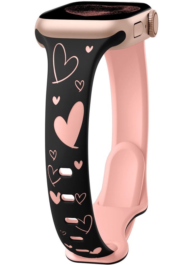 Lerobo Slim Thin Two-Tone Band Compatible with Apple Watch Bands 46mm 44mm 45mm 42mm 49mm Women,Cute Heart Engraved Soft Silicone Sport Strap for iWatch Bands Series 10 9 8 7 6 5 4 3 2 1 SE,Black/Pink - Image 1
