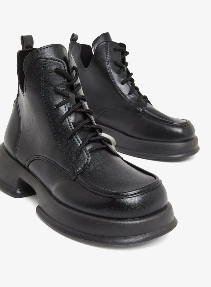 Take Two Women Black Lace-Up Chunky Heel Ankle Boots - Image 3