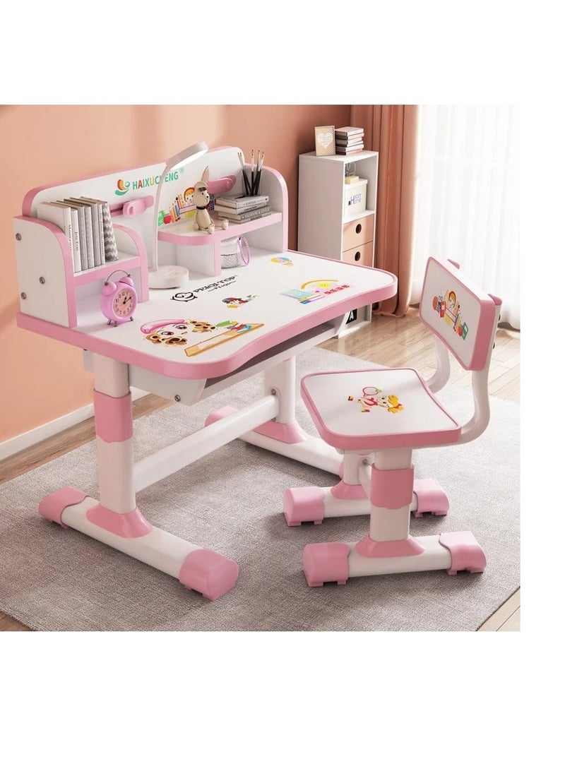 Practical Kids Desk and Chair Set, Adjustable Height Children's School Study Desk Chair, Multi-layer Bookshelf, Storage Drawer (Best Gift for Girls) - Image 1