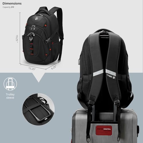 Swissdigital Design Laptop Backpack Travel Backpack with USB Charging Port Fits 156 inches Computer 31L College School Bookbag for Men Black SD80301 - Image 3
