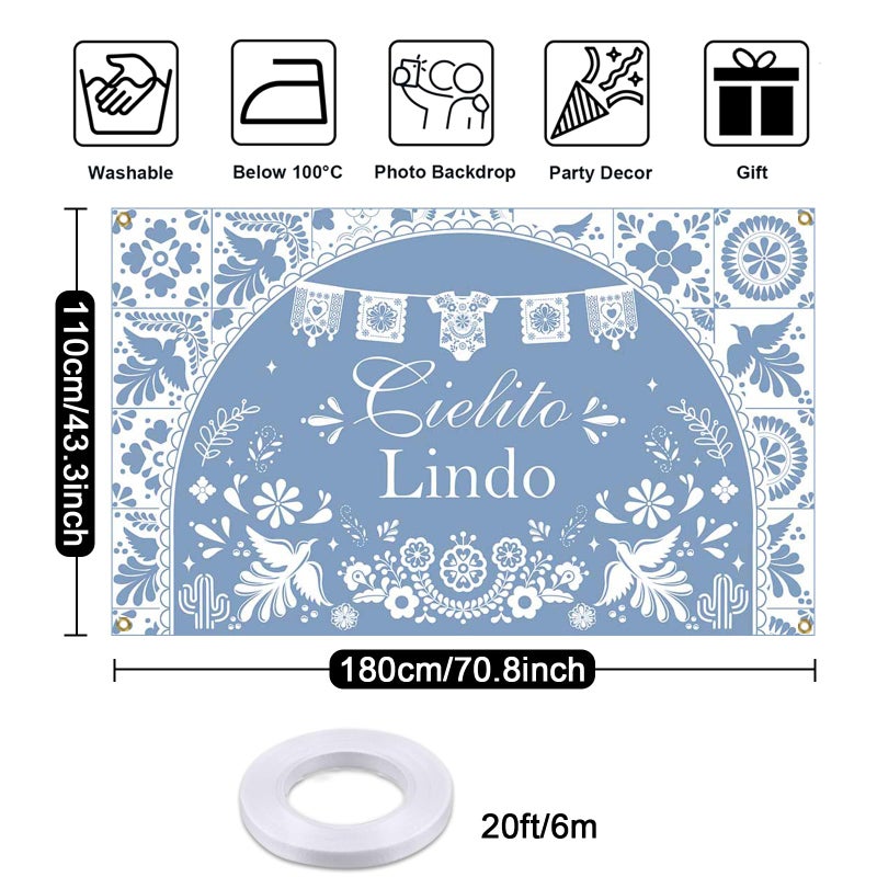 Mocsicka Cielito Lindo Backdrop Dusty Blue Mexican Cielito Lindo Baby Shower Decorations Banner Talavera Wedding Baby Shower Decorations Photo Booth Props 70.8 x 43.3 inch (blue) - Image 4