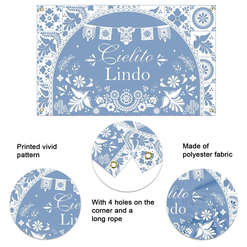 Mocsicka Cielito Lindo Backdrop Dusty Blue Mexican Cielito Lindo Baby Shower Decorations Banner Talavera Wedding Baby Shower Decorations Photo Booth Props 70.8 x 43.3 inch (blue) - Image 5