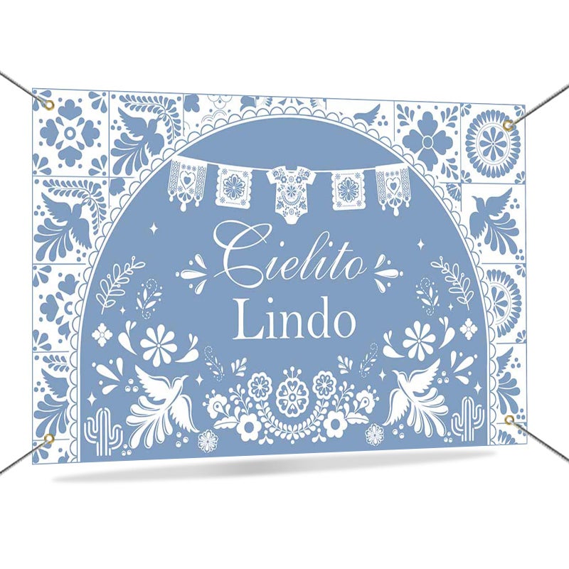Mocsicka Cielito Lindo Backdrop Dusty Blue Mexican Cielito Lindo Baby Shower Decorations Banner Talavera Wedding Baby Shower Decorations Photo Booth Props 70.8 x 43.3 inch (blue) - Image 1
