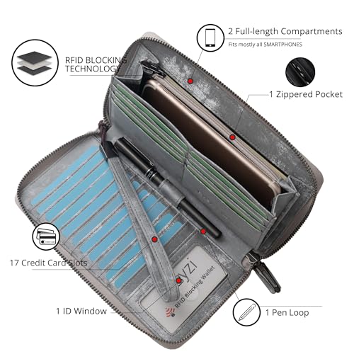 Bveyzi Women RFID Blocking Wallet Leather Zip Around Phone Clutch Large Capacity Ladies Travel Purse Wristlet (Vegan Grey) - Image 2
