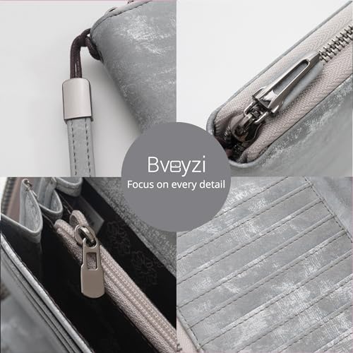 Bveyzi Women RFID Blocking Wallet Leather Zip Around Phone Clutch Large Capacity Ladies Travel Purse Wristlet (Vegan Grey) - Image 3
