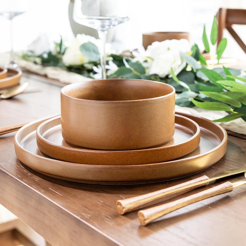 LERATIO طقم أدوات المائدة الخزفية LERATIO لـ 4 أشخاص، أطباق وأوعية خزفية بحواف عالية مقاومة للكسر والتشقق، آمنة للاستخدام في الفرن وغسالة الصحون والميكروويف، طقم خدمة لـ 4 أشخاص بلون الكراميل - Image 5