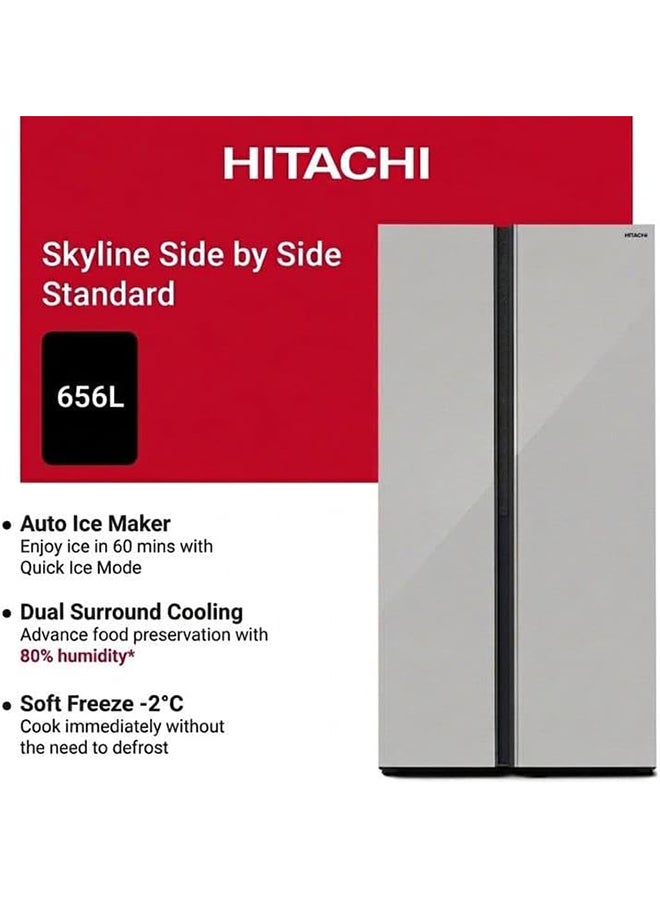 HITACHI 656L Side-by-Side Refrigerator | Inverter Compressor | Dual Surround Cooling | Selectable Zone Soft Freeze (-2°C) | Triple Power Filter | Quick Cool & Freeze, 637 kW HRSN9713ESGSAE Glass Silver - Image 4