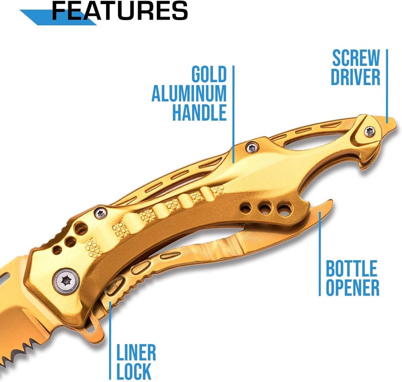 MTECH USA Folding Knife, 3.75-Inch Half-Serrated Blade, Titanium Coating, Glass Breaker, Pocket Clip - Image 4