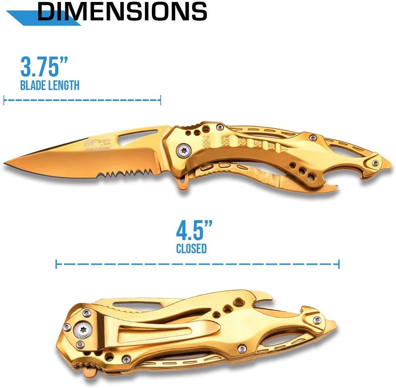 MTECH USA Folding Knife, 3.75-Inch Half-Serrated Blade, Titanium Coating, Glass Breaker, Pocket Clip - Image 2
