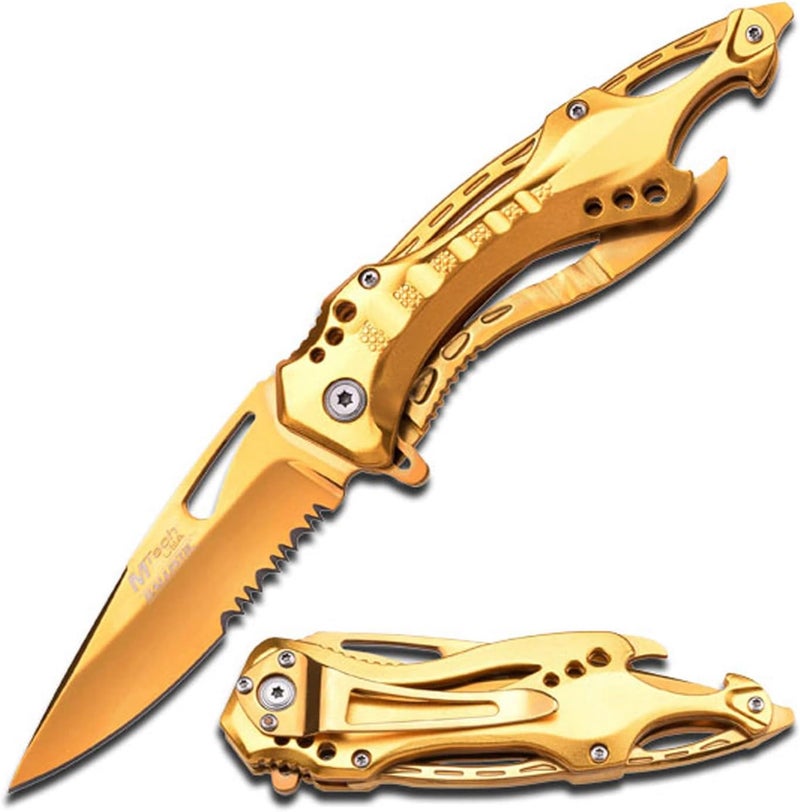 MTECH USA Folding Knife, 3.75-Inch Half-Serrated Blade, Titanium Coating, Glass Breaker, Pocket Clip - Image 1