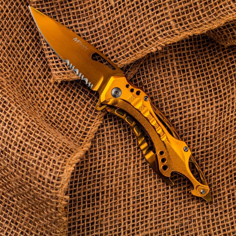 MTECH USA Folding Knife, 3.75-Inch Half-Serrated Blade, Titanium Coating, Glass Breaker, Pocket Clip - Image 5