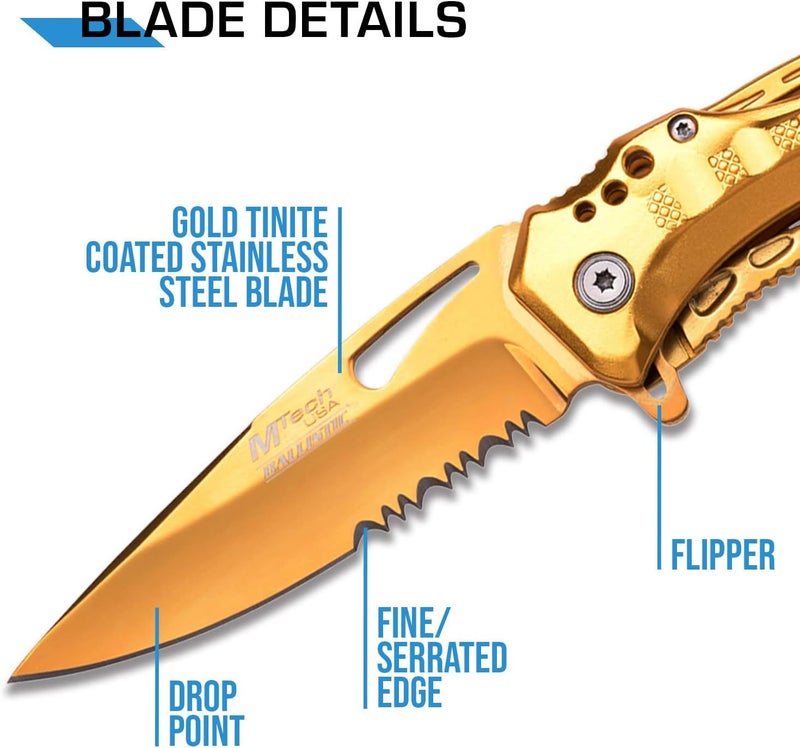 MTECH USA Folding Knife, 3.75-Inch Half-Serrated Blade, Titanium Coating, Glass Breaker, Pocket Clip - Image 3