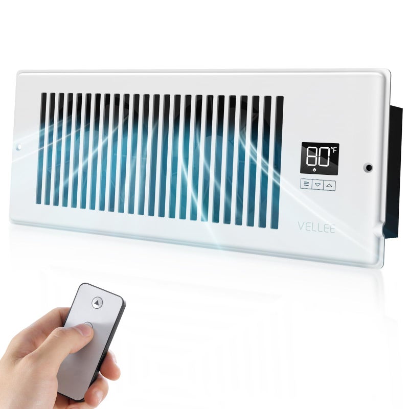 VELLEE مروحة تعزيز تسجيل هادئة من VELLEE تناسب فتحة قنوات 4 × 12 قطع 10 سرعات تسخين ذكي وتبريد مروحة تعزيز فتحة تكييف مع جهاز تحكم عن بعد تحكم في درجة الحرارة بيضاء سلكية