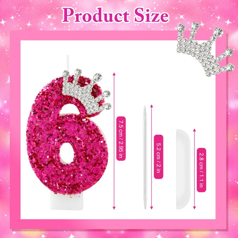 AKURIEEY Hot Pink Birthday Candles Crown Number 6 Candle Birthday Party Decorations Cake Topper Cupcake Decor for Anniversary Celebrations Supplies - Image 3
