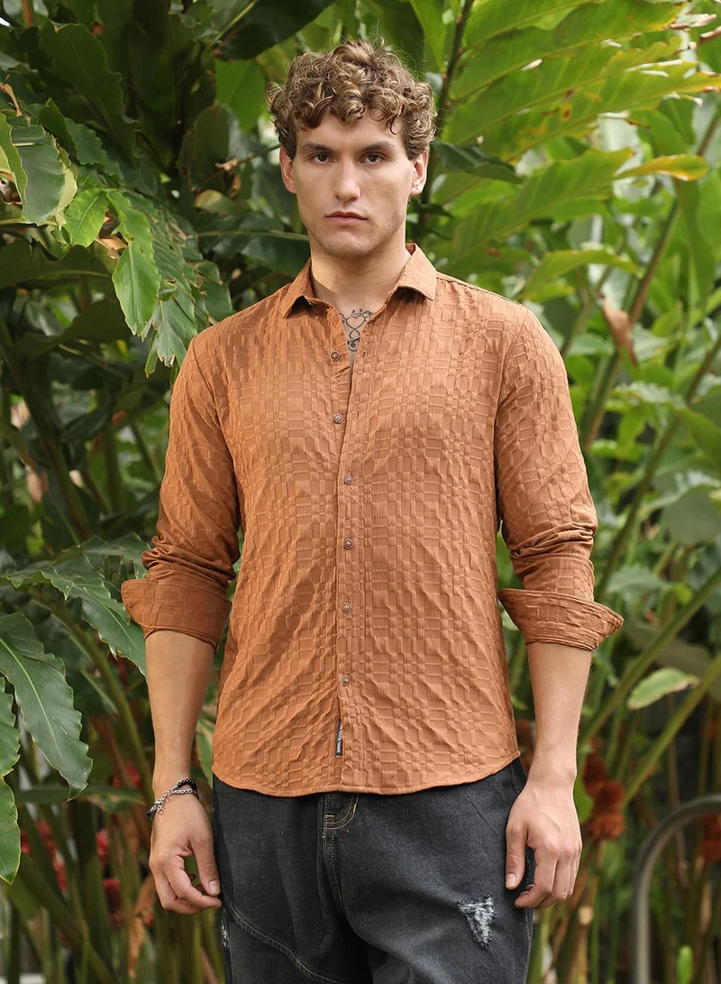 Campus Sutra Campus Sutra Men's Tan Brown Embossed Geometric Shirt For Casual Wear | Spread Collar | Long Cuffed Sleeves | Button Closure | Shirt Crafted With Comfort Fit For Everyday Wear