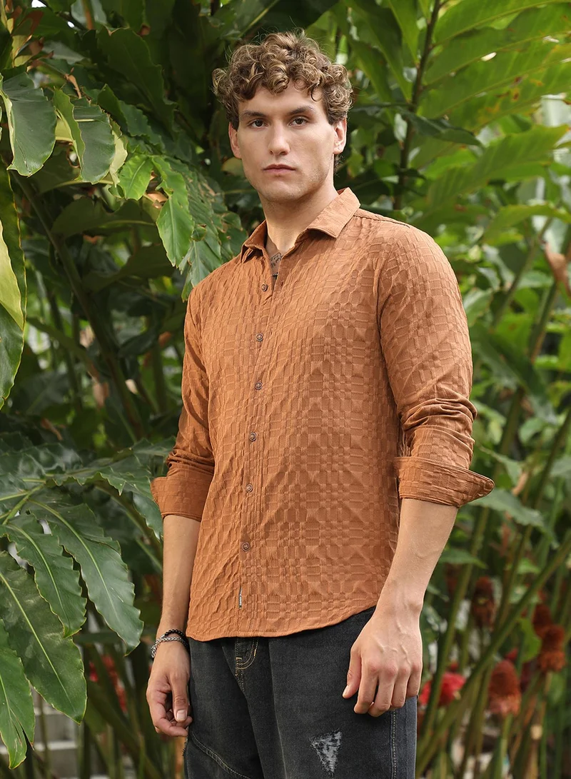 Campus Sutra Campus Sutra Men's Tan Brown Embossed Geometric Shirt For Casual Wear | Spread Collar | Long Cuffed Sleeves | Button Closure | Shirt Crafted With Comfort Fit For Everyday Wear