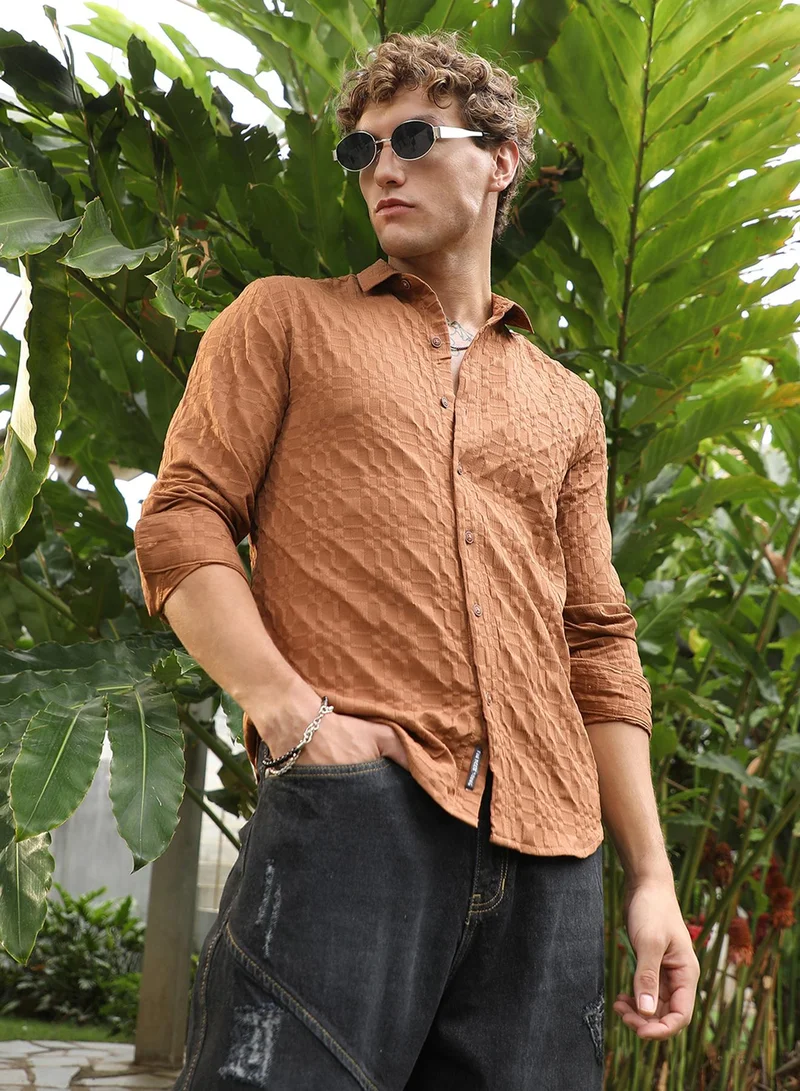 Campus Sutra Campus Sutra Men's Tan Brown Embossed Geometric Shirt For Casual Wear | Spread Collar | Long Cuffed Sleeves | Button Closure | Shirt Crafted With Comfort Fit For Everyday Wear