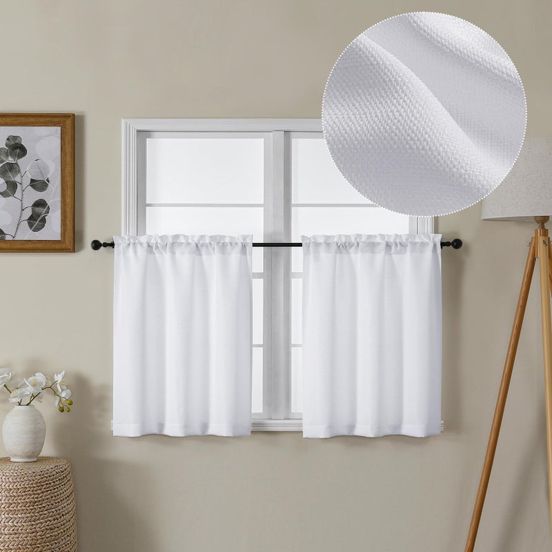 Lecloud Bessie White Curtains 24 Inch Length 2 Panels, Faux Linen Light Filtering Cafe Kitchen Curtains Tiers, Window Treatments for Bedroom Bathroom, Each 30 W x 24 L - Image 1