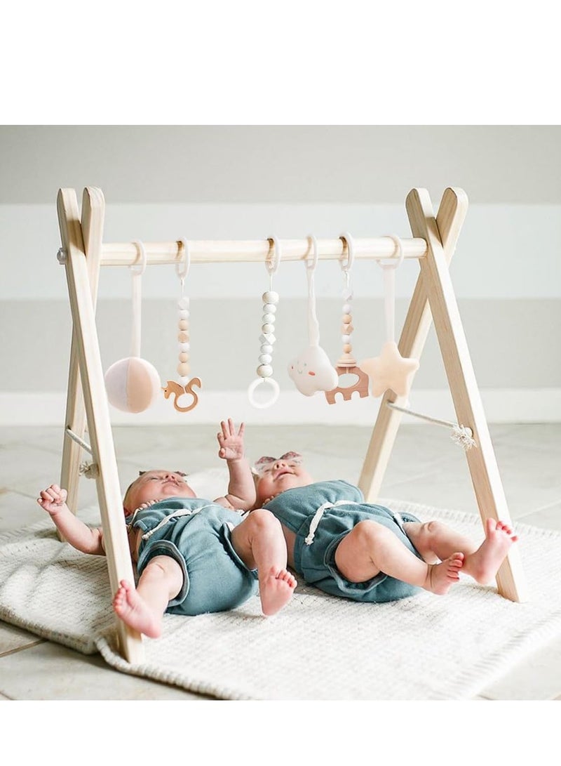 funny supply Wooden Baby Gym with 6 Gym Toys, Foldable Baby Play Gym, Natural Pine Wood Play Gym, Frame Activity Center Hanging Bar, Wooden Play Gym - Image 1