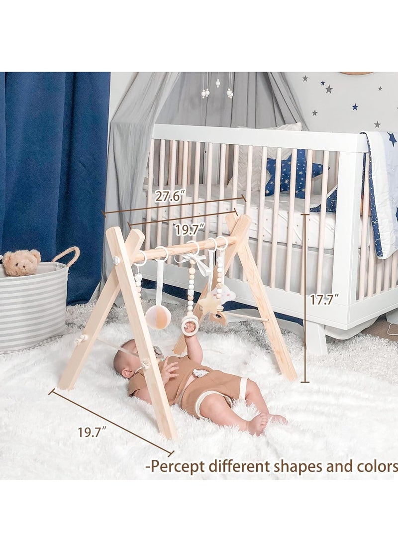 funny supply Wooden Baby Gym with 6 Gym Toys, Foldable Baby Play Gym, Natural Pine Wood Play Gym, Frame Activity Center Hanging Bar, Wooden Play Gym - Image 4